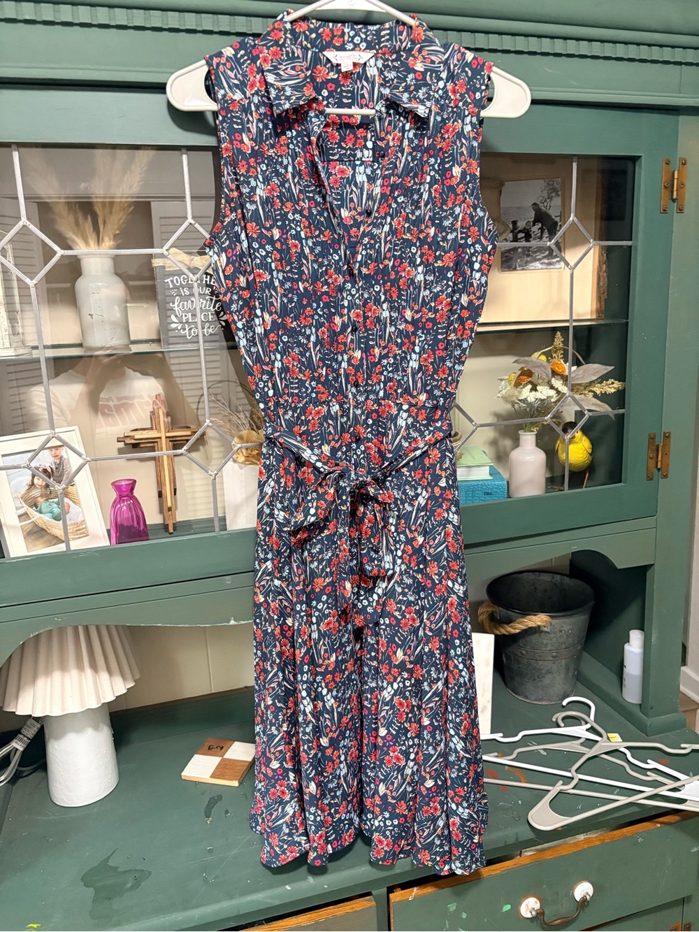 Nanette Lepore Navy Floral Sleeveless Midi Dress with Tie Waist